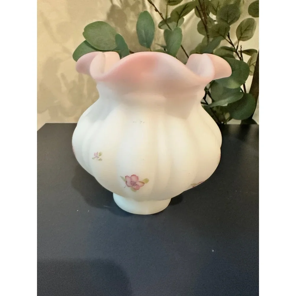 Vintage Fenton Opal Satin Floral & Berries Vase Hand Painted Signed CottageCore